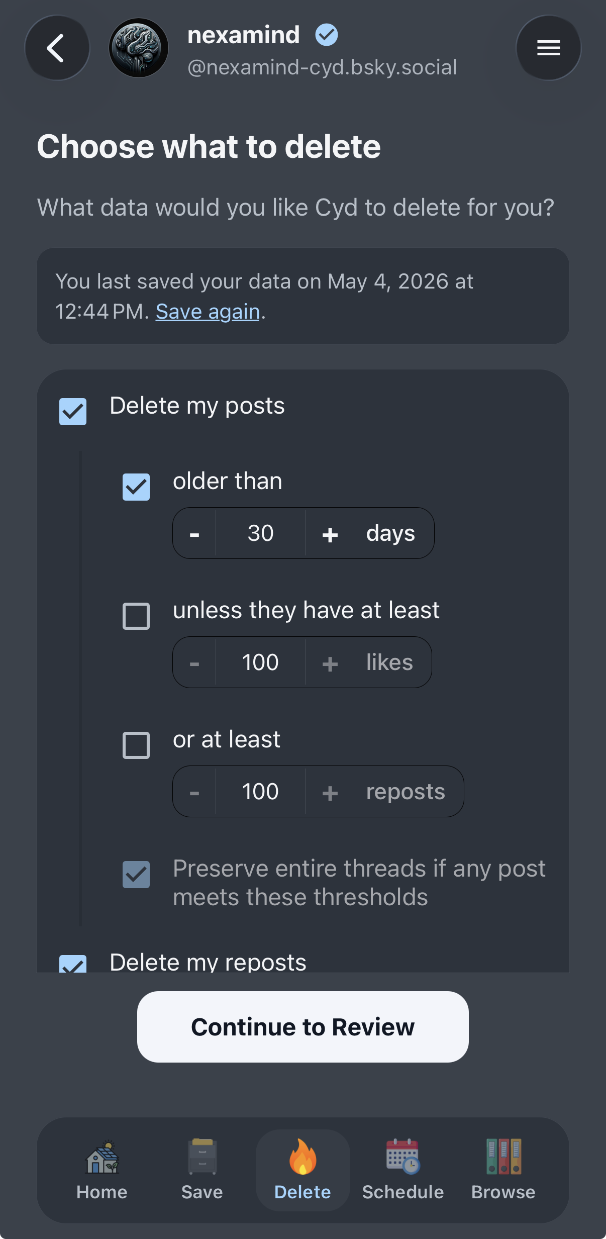 Delete options